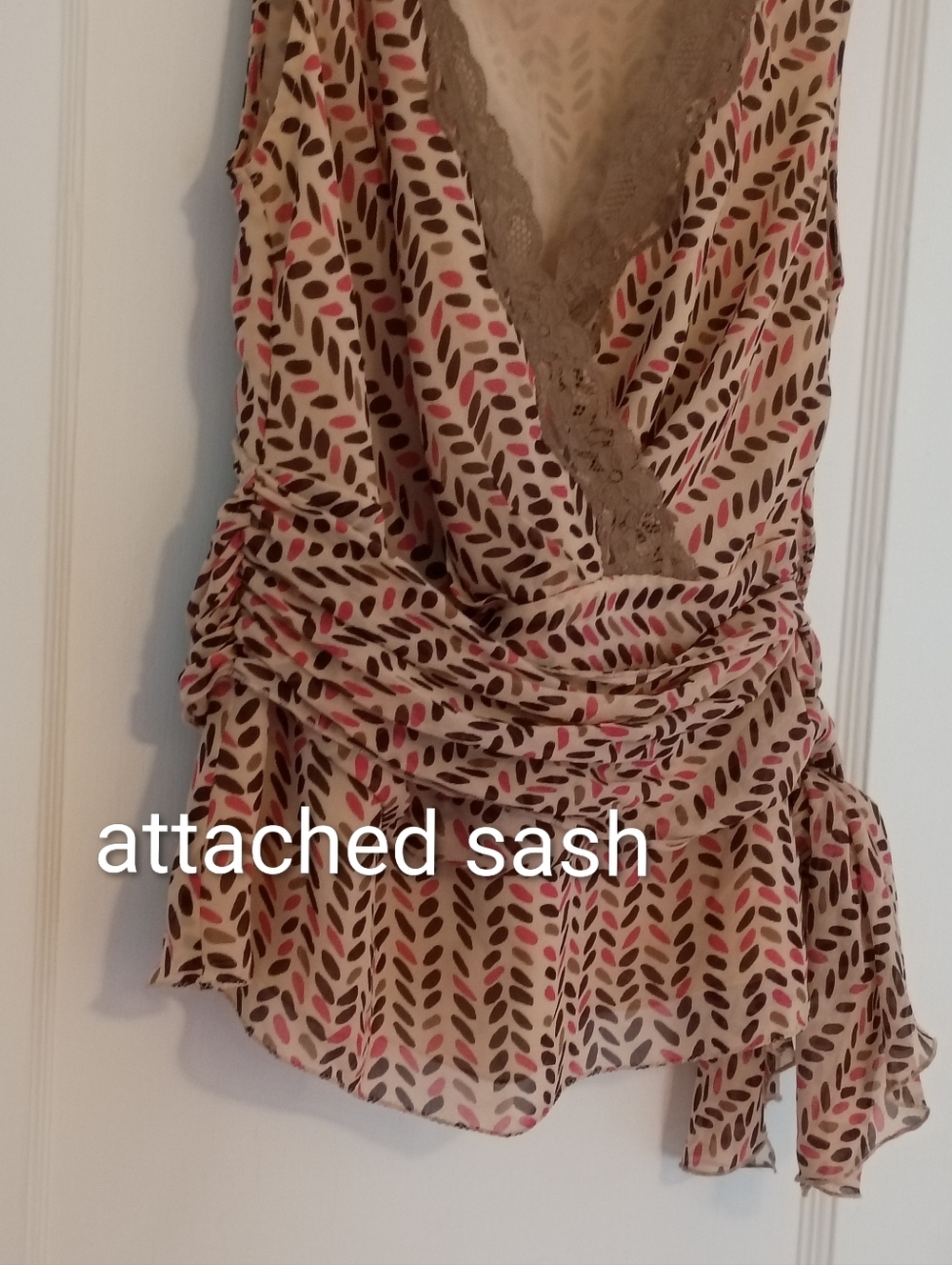 Silk Blouse Lace Trim. Pink, Tan & Brown with Sash Bow - Picture 12 of 13